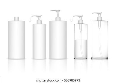 Cosmetic plastic bottle with dispenser pump (transparent). Liquid container for gel, lotion, cream, shampoo, bath foam. Beauty product package. Vector illustration.