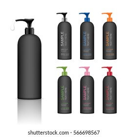 Cosmetic plastic bottle with dispenser pump. Liquid container for gel, lotion, cream, shampoo, bath foam. Beauty product package. Vector illustration.