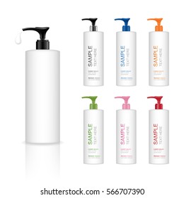 Cosmetic plastic bottle with dispenser pump. Liquid container for gel, lotion, cream, shampoo, bath foam. Beauty product package. Vector illustration.
