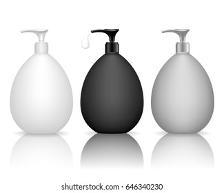 Cosmetic plastic bottle with dispenser pump. Liquid container for gel, lotion, cream, shampoo, bath foam. Beauty product package. Vector illustration.