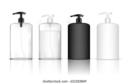 Cosmetic plastic bottle with dispenser pump (transparent). Liquid container for gel, lotion, cream, shampoo, bath foam. Beauty product package. Vector illustration.