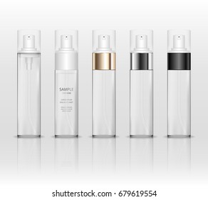 Cosmetic plastic bottle with dispenser pump (transparent). Liquid container for gel, lotion, cream, shampoo, bath foam. Beauty product package. Vector illustration.