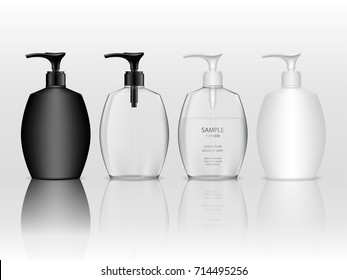 Cosmetic plastic bottle with dispenser pump (transparent). Liquid container for gel, lotion, cream, shampoo, bath foam. Beauty product package. Vector illustration.