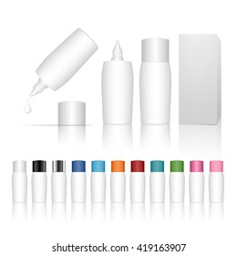Cosmetic plastic bottle for gel, liquid, lotion, cream, sunscreen. Beauty product package, vector illustration.
