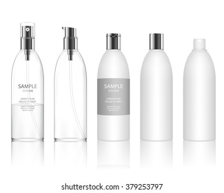 Cosmetic plastic bottle isolated on white background. Liquid container for gel, lotion, cream, shampoo, bath foam. Beauty product package, vector illustration.