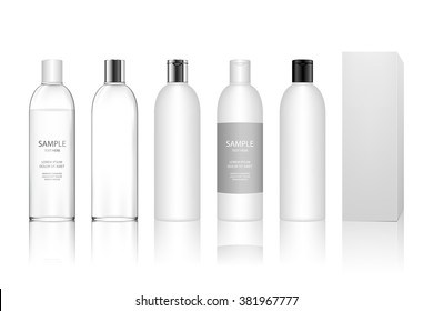 Cosmetic plastic bottle isolated on white background. Liquid container for gel, lotion, cream, shampoo, bath foam. Beauty product package, vector illustration.