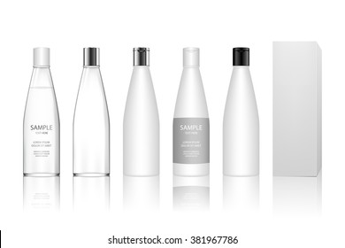 Cosmetic plastic bottle isolated on white background. Liquid container for gel, lotion, cream, shampoo, bath foam. Beauty product package, vector illustration.