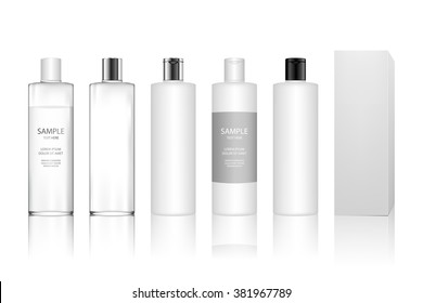 Cosmetic plastic bottle isolated on white background. Liquid container for gel, lotion, cream, shampoo, bath foam. Beauty product package, vector illustration.