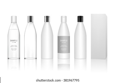 Cosmetic plastic bottle isolated on white background. Liquid container for gel, lotion, cream, shampoo, bath foam. Beauty product package, vector illustration.