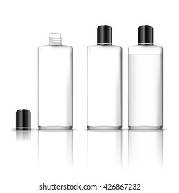 Cosmetic plastic bottle isolated on white background (transparent). Liquid container for gel, lotion, cream, shampoo, bath foam. Beauty product package, vector illustration.