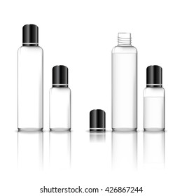 Cosmetic plastic bottle isolated on white background (transparent). Liquid container for gel, lotion, cream, shampoo, bath foam. Beauty product package, vector illustration.
