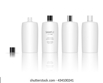 Cosmetic plastic bottle isolated on white background.  Liquid container for gel, lotion, cream, shampoo, bath foam. Beauty product package, vector illustration.