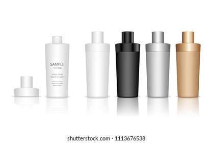 Cosmetic plastic bottle. Liquid container for gel, lotion, cream, shampoo, bath foam. Beauty product package. Vector illustration.