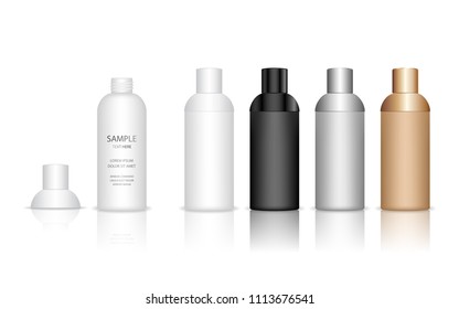 Cosmetic plastic bottle. Liquid container for gel, lotion, cream, shampoo, bath foam. Beauty product package. Vector illustration.