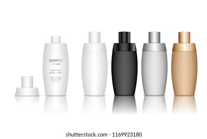 Frasco de plástico cosmético. Recipiente líquido para gel, loción, crema, champú, espuma de baño. Paquete de productos de belleza. Ilustración vectorial.