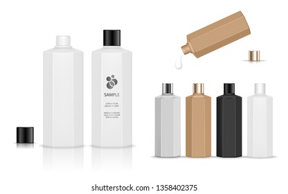 Cosmetic plastic bottle. Liquid container for gel, lotion, cream, shampoo, bath foam. Beauty product package. Vector illustration.