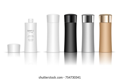 Frasco de plástico cosmético. Recipiente líquido para gel, loción, crema, champú, espuma de baño. Paquete de productos de belleza. Ilustración vectorial.