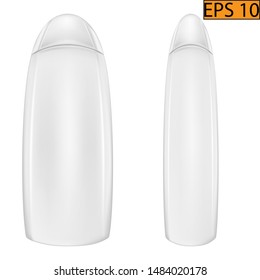 Cosmetic plastic bottle matte white. Liquid container for gel, lotion, cream, shampoo, bath foam. Cosmetic product packaging. Vector illustration.Isolated on a white background.