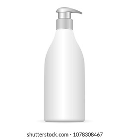 Cosmetic plastic bottle with pump dispenser. EPS10 Vector illustration. Isolated Liquid container for gel, lotion, cream, shampoo, bath foam.