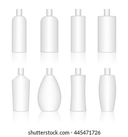 Cosmetic plastic bottle set isolated on white background. Liquid container for gel, lotion, cream, shampoo, bath foam. Beauty product package. Vector illustration.