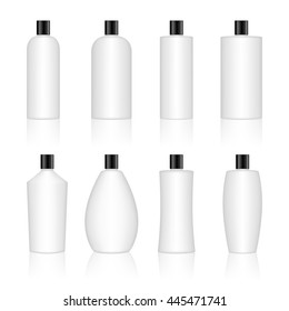 Cosmetic plastic bottle set isolated on white background. Liquid container for gel, lotion, cream, shampoo, bath foam. Beauty product package. Vector illustration.