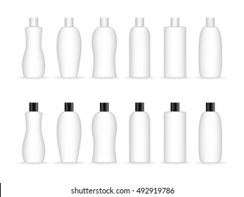 Cosmetic plastic bottle set isolated on white background. Liquid container for gel, lotion, cream, shampoo, bath foam. Beauty product package. Vector illustration.