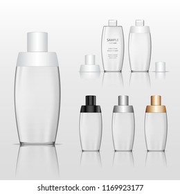 Cosmetic plastic bottle (transparent). Liquid container for gel, lotion, cream, shampoo, bath foam. Beauty product package. Vector illustration.