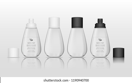 Cosmetic plastic bottle (transparent). Liquid container for gel, lotion, cream, shampoo, bath foam. Beauty product package. Vector illustration.