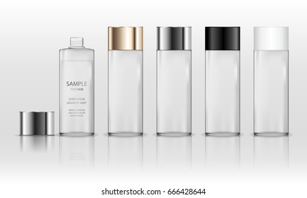 Cosmetic plastic bottle (transparent). Liquid container for gel, lotion, cream, shampoo, bath foam. Beauty product package. Vector illustration.