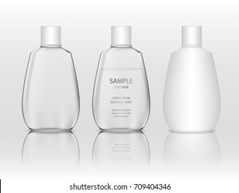 Cosmetic plastic bottle (transparent). Liquid container for gel, lotion, cream, shampoo, bath foam. Beauty product package. Vector illustration.