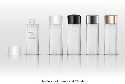 Frasco de plástico estético (transparente). Recipiente líquido para gel, loción, crema, champú, espuma de baño. Paquete de productos de belleza. Ilustración vectorial.