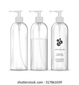 Cosmetic plastic bottle with white dispenser pump (transparent). Liquid container for gel, lotion, cream, shampoo, bath foam. Beauty product package, vector illustration.