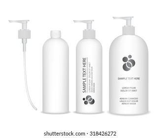 Cosmetic plastic bottle with white dispenser pump. Liquid container for gel, lotion, cream, shampoo, bath foam. Beauty product package, vector illustration.