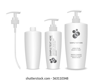 Cosmetic plastic bottle with white dispenser pump. Liquid container for gel, lotion, cream, shampoo, bath foam. Beauty product package, vector illustration.