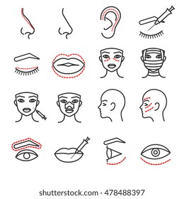 Cosmetic plastic face surgery vector thin line icons set. Procedure medical with eye, lip and nose illustration