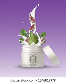 Cosmetic plastic jar with figs cream splashing. Isolated white background  mockup template. 3d cosmetic container for cream, powder or gel. Packaging design element. Vector illustration.