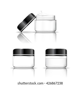 Cosmetic plastic jar isolated on white background (transparent). Skin care bottles for gel, liquid, lotion, cream. Beauty product package, vector illustration.