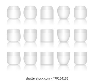 Cosmetic plastic jar isolated on white background. Skin care bottles for gel, liquid, lotion, cream. Beauty product package, vector illustration.