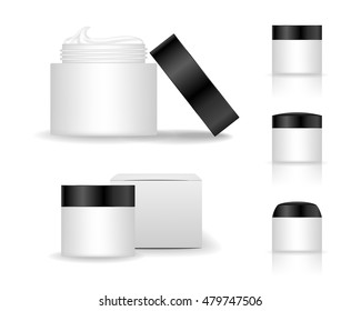 Cosmetic plastic jar isolated on white background. Skin care bottles for gel, liquid, lotion, cream. Beauty product package, vector illustration.