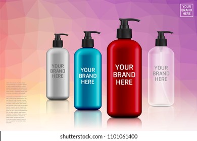 Cosmetic Plastic Cosmetic Product Pack with Transparency Liquid container for gel, lotion, shampoo, foam, bath Vector illustrations