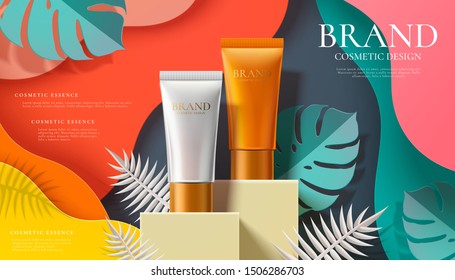 Cosmetic plastic tube ad on paper art jungle background in 3d illustration