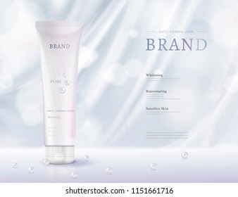 Cosmetic plastic tube ads with light blue drapery and pearls in 3d illustration