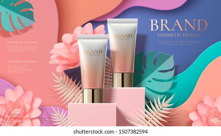 Cosmetic Plastic Tube Ads On Square Podium And Paper Art Flowers In 3d Illustration