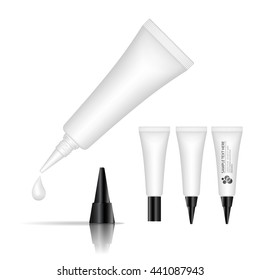 Cosmetic plastic tube for gel, liquid, lotion, cream, sunscreen. Beauty product package, vector illustration.