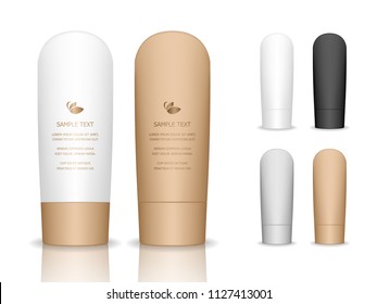 Cosmetic plastic tube isolated on white background. Skin care bottles for gel, liquid, lotion, cream. Beauty product package. Vector illustration.