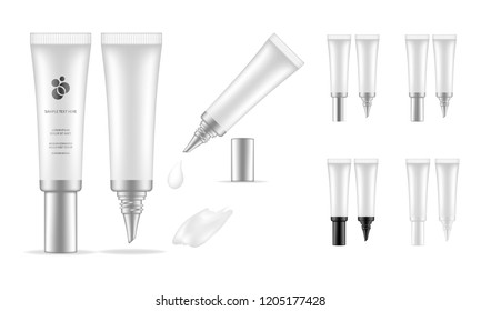 Cosmetic plastic tube isolated on white background. Skin care bottles for gel, liquid, lotion, cream. Beauty product package. Vector illustration.