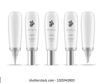 Cosmetic plastic tube isolated on white background. Skin care bottles for gel, liquid, lotion, cream. Beauty product package. Vector illustration.