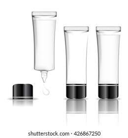 Cosmetic plastic tube isolated on white background (transparent). Skin care bottles for gel, liquid, lotion, cream. Beauty product package, vector illustration.