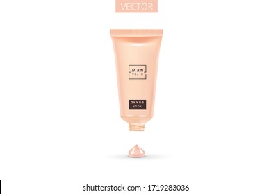 Cosmetic plastic tube mock up. Foundation cream drop and container isolated on white background. Beauty make up product package, vector illustration