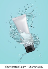Cosmetic plastic tube mockup with water splashes effect on blue background in 3d illustration